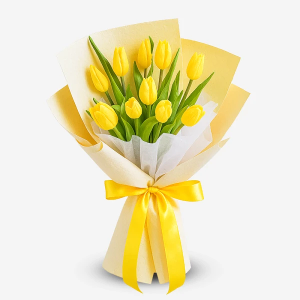 A bouquet of 10 bright yellow tulips with green leaves, wrapped in cream and yellow paper, tied with a yellow ribbon.