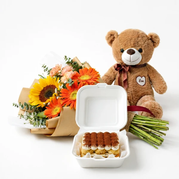Teddy bear, sunflower and gerbera bouquet, and tiramisu bento box.
