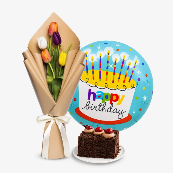Birthday bundle with tulips, chocolate cake with cherries, and a "Happy Birthday" balloon.