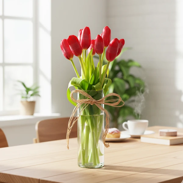 Red tulips with green stems in a glass vase tied with twine, on a wooden table with a steaming cup of coffee.