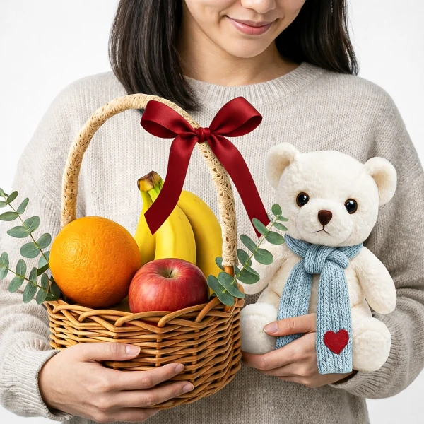 Wicker basket with fruit and a teddy bear, tied with a red ribbon.