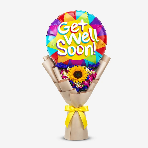 Get Well Soon balloon and sunflower bouquet with a yellow ribbon.