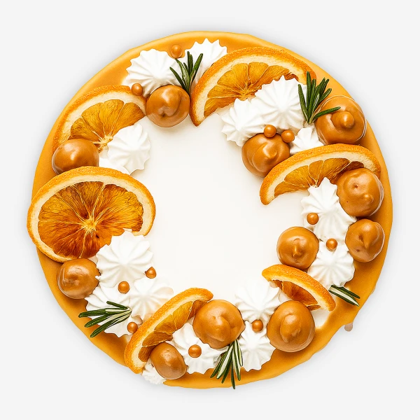 Round chocolate caramel cake with orange slices, meringue, and rosemary.