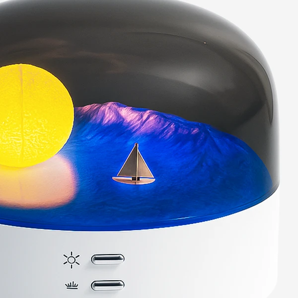 A projector lamp displays a sunset over a blue ocean with a sailboat, casting a yellow glow on the waves.