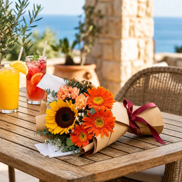 A bouquet of sunflowers, orange gerberas, and yellow carnations wrapped in brown paper with a burgundy ribbon.