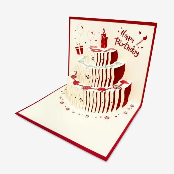 Pop-up birthday card with a three-tiered cake, candle, gifts, and balloons.