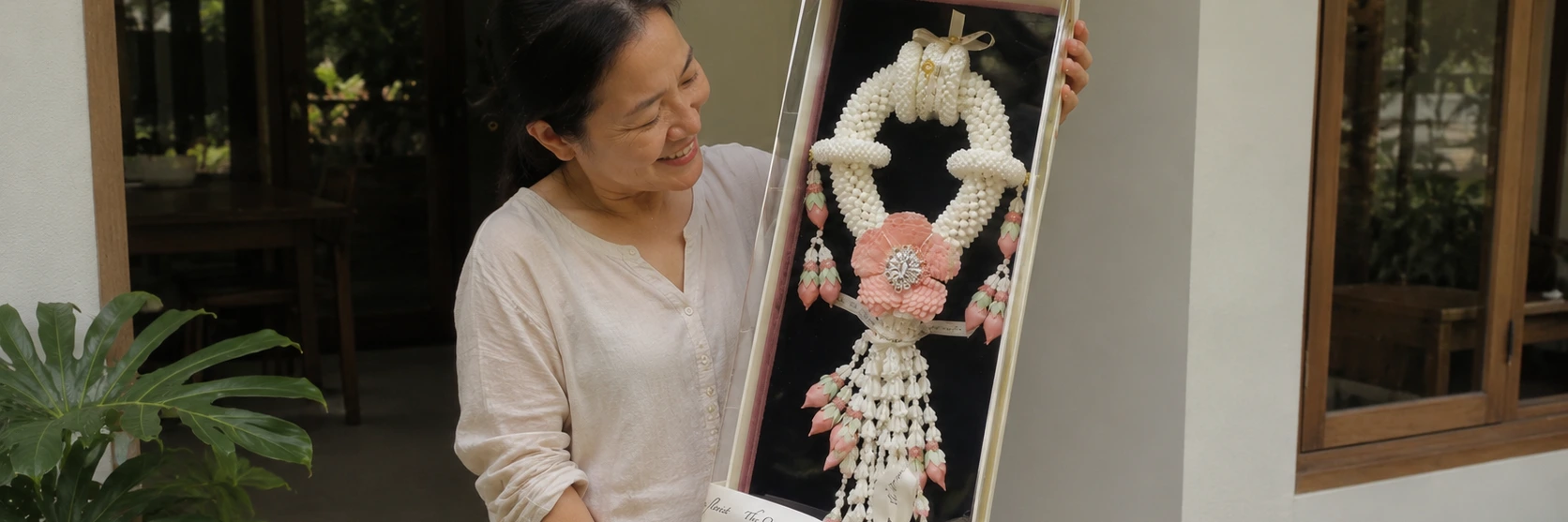 A smiling middle-aged woman with her black hair pulled back holds a large, framed box containing an intricate, traditional white flower garland. The garland features a large circular top section made of tightly woven small white blossoms, accented by a prominent pink flower centerpiece with a jeweled ornament, and long cascading strands of white buds with pink tips hanging from the bottom. She is standing outdoors in front of a white building with wooden window frames and a green potted plant nearby, looking affectionately at the gift in her hands.