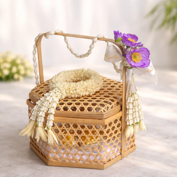 An intricate, traditional white flower garland rests diagonally on a draped, shimmering rose gold velvet fabric. The top section forms a thick, circular ring woven tightly with small, white jasmine-like flower buds, secured with a golden and pearl accent where the loop connects. Hanging from the bottom of the loop is a decorative green textured element that transitions into several cascading strands, each ending in a large, partially opened white rose with soft green sepals. A few loose white petals and scattered white pearls are arranged neatly around the garland on the fabric.
