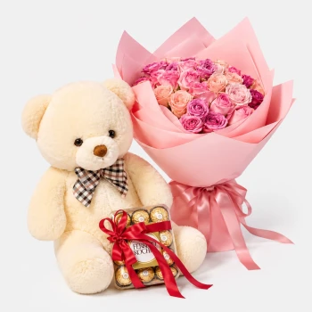 39 Pink Roses Cuddle Bear Bundle