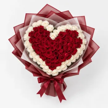 99 Red and White Rose Heart Bouquet