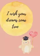 Cute bear in graduation cap holds heart balloon that says "Congratulation" on a pink background with yellow watercolor circle.