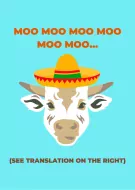 Cow wearing a sombrero says "Moo Moo Moo" with "See Translation" below.