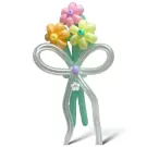 Balloon bouquet of three daisies in pink, yellow, and orange, tied with a clear balloon bow.