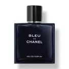 Bleu de Chanel Eau de Parfum fragrance bottle with black cap and dark blue glass.