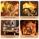 Four close-up shots of a DIY wooden circus music box: Ferris wheel, roller coaster, control buttons, and spinning circus scene.