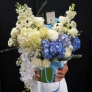 Serene Blue & White Floral Bucket Arrangement