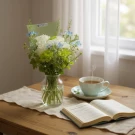 A bouquet of white and green flowers sits in a vase next to a teacup and an open book.
