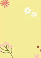 Yellow card with pink flower, white flowers, pink buds, and pink hearts.
