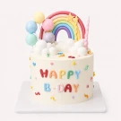 Pastel rainbow cake with "Happy B-Day" lettering, clouds, balloons, and a candle.