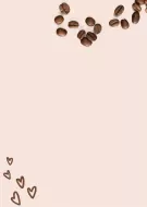 Brown coffee beans scattered across a pale pink background with hand-drawn hearts below.