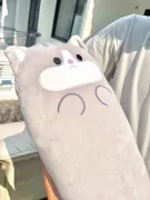 Plush grey cat pillow with embroidered face and paws, held by a person in a white t-shirt.