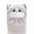 Grey plush cat pillow with cute embroidered face and ears, 60cm long.