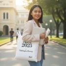 Woman in a blazer holds a personalized tote bag with "Class of 2025" and her name, Kati.