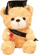 Graduation teddy bear wearing a black cap and sash, holding a diploma.