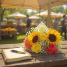 Bouquet of sunflowers, roses, and baby's breath on a rustic table next to a notebook and pen.