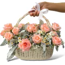 Peach roses and baby's breath arranged in a white wicker basket, held by a hand with a white ribbon bow.