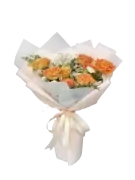 Orange roses, alstromerias, and daisies in a bouquet wrapped in light pink and white paper, tied with a pale ribbon.