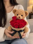 Teddy Bear with Red Roses Basket
