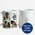 Two white mugs, one with a collage of four romantic photos, the other with initials "P & K" and a date.