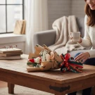 Christmas bouquet with snowman ping pong flowers, pine leaves, and festive ribbon on wooden table.
