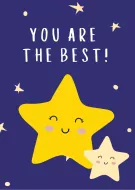 A cute card with yellow cartoon stars and "YOU ARE THE BEST!" text on a dark blue background.