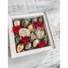 Chocolate-dipped strawberries and red roses in a white gift box with "Happy Birthday" topper.