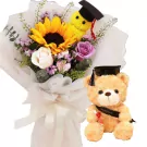 Graduation teddy bear and Cheer Together bouquet with sunflower and roses.
