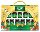 Golden gift box with a dozen bottles of green chicken essence, cranes and floral decorations.
