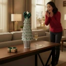 Woman surprised by a Christmas tree made of money, a champagne flute, and a gift.