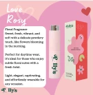 Pink perfume bottle and box with "Love Rosy" and floral fragrance description.