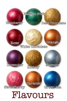 Chocolates in 12 flavors, arranged in 3 rows of 4, with flavor names below each.