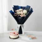 Birthday combo with roses bouquet, cake with topper, and greeting card.