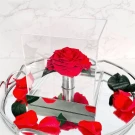 Red preserved rose in clear acrylic box with scattered red petals on a mirrored tray.