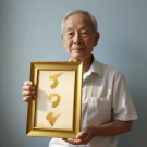 Elderly man holds framed Thai calligraphy art with "Rich" in gold script.