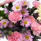 Close-up of a pink and purple floral arrangement with dew drops, featuring carnations and chrysanthemums.