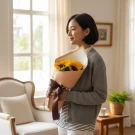 Woman holding a bouquet of sunflowers with a dark ribbon, next to a chair.