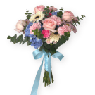Bouquet with pink roses, white gerberas, blue hydrangeas, pink carnations and pink mums, tied with a blue ribbon.