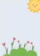 Cute sun smiling in the corner of a card with pink flowers and green bushes.