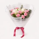 2 White Roses, 1 Pink Rose, 8 Pink Carnations, and Baby Blue Eucalyptus Leaves