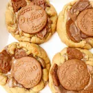 Four Ovaltine soft baked cookies topped with melted chocolate and Ovaltine biscuits.